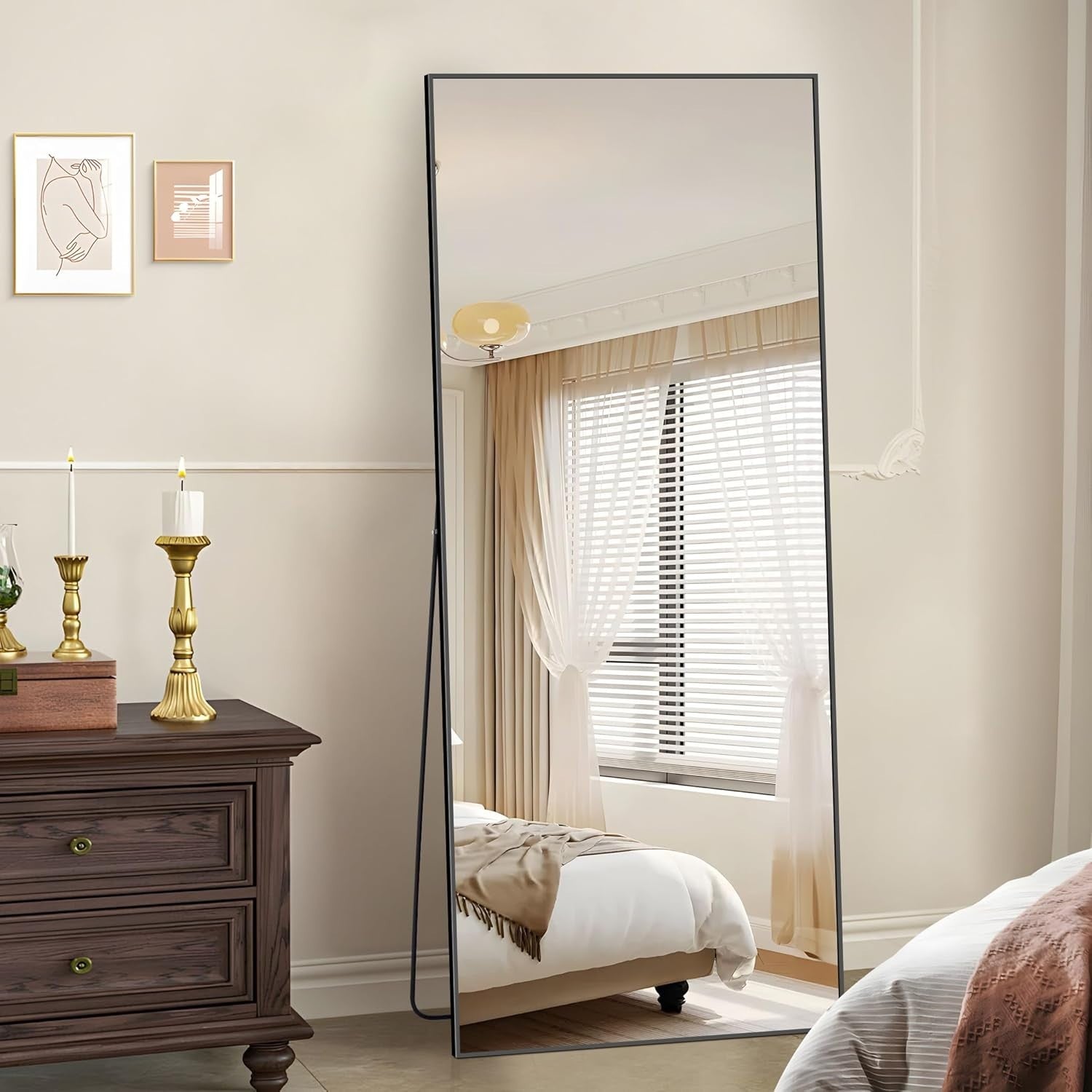 Large Full Length Black Mirror 179x65cm Freestanding & Wall Mount Stylish Frame