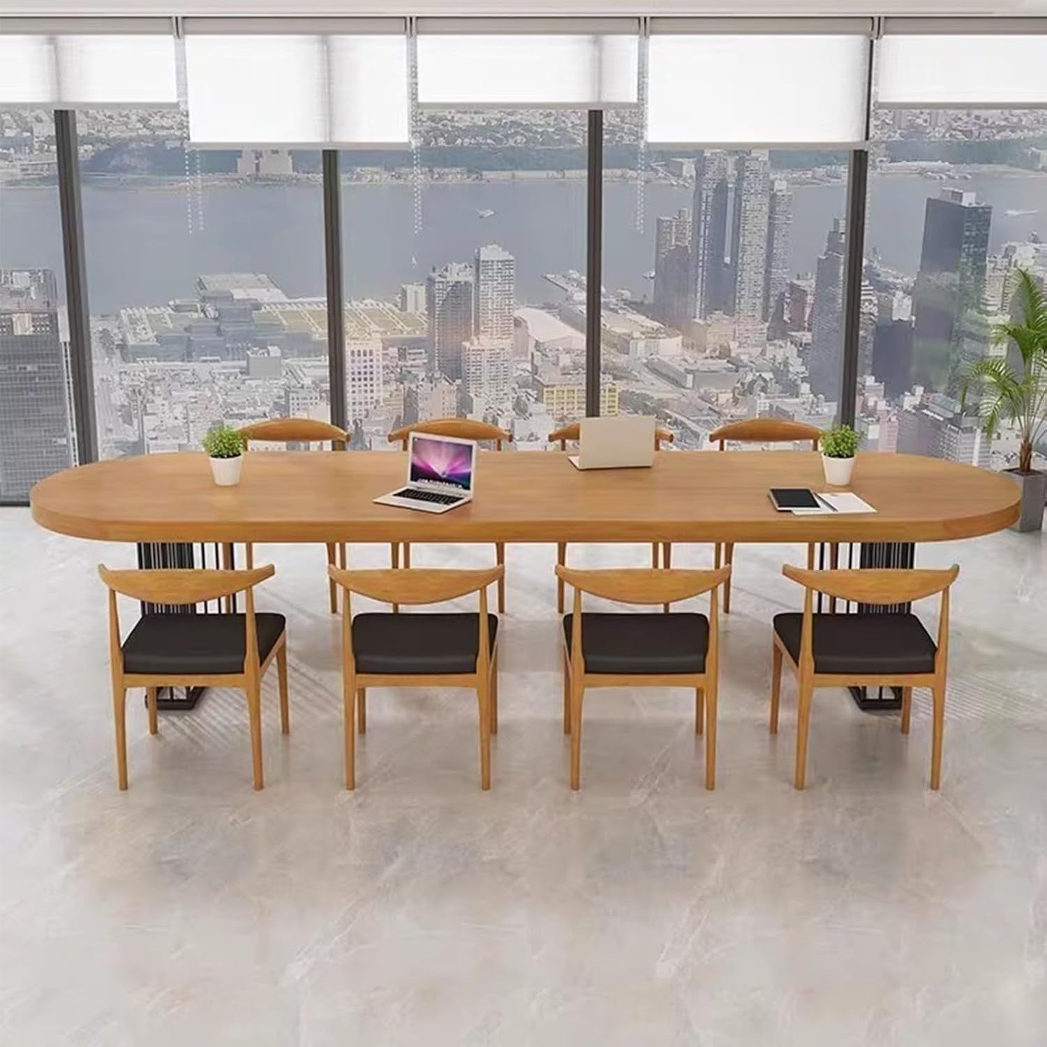 55" Solid Wood Oval Conference Table – Modern Meeting Desk w/ Steel Legs