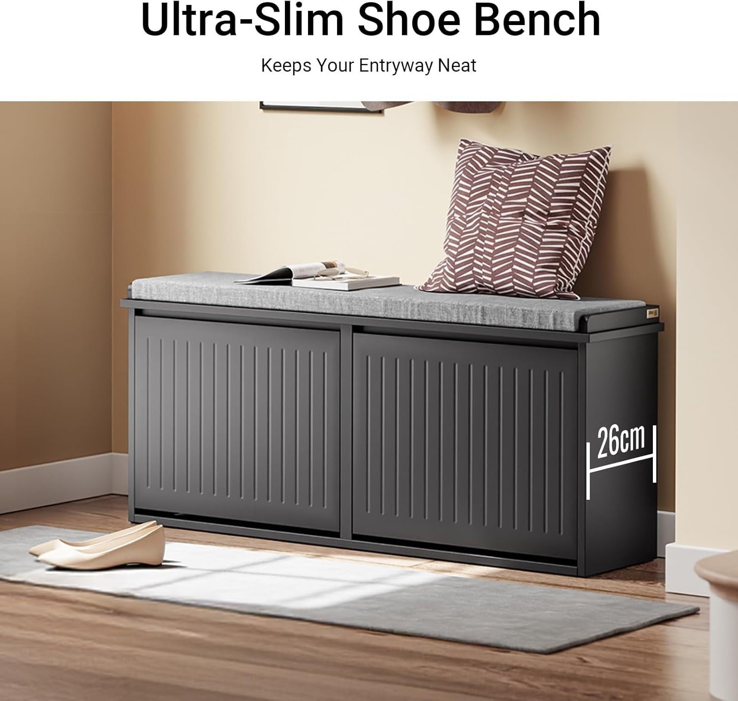 Modern Shoe Storage Bench with Cushion – 2 Flip Drawers, Holds 8 Pairs