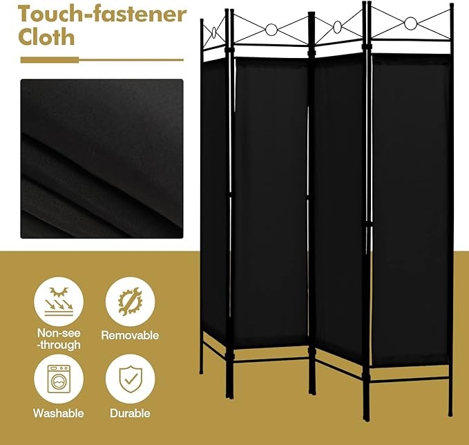 4 Panel Folding Room Divider – Black Privacy Screen with Steel Frame for Bedroom