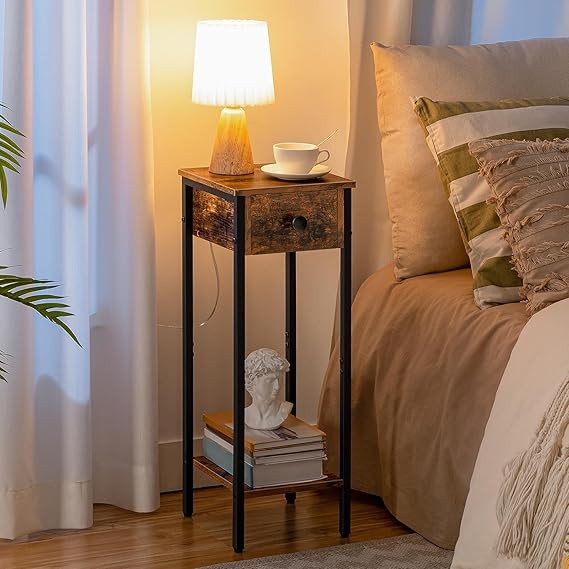 Slim Bedside Table with Drawer & Shelf, Tall Narrow Side Table for Small Spaces