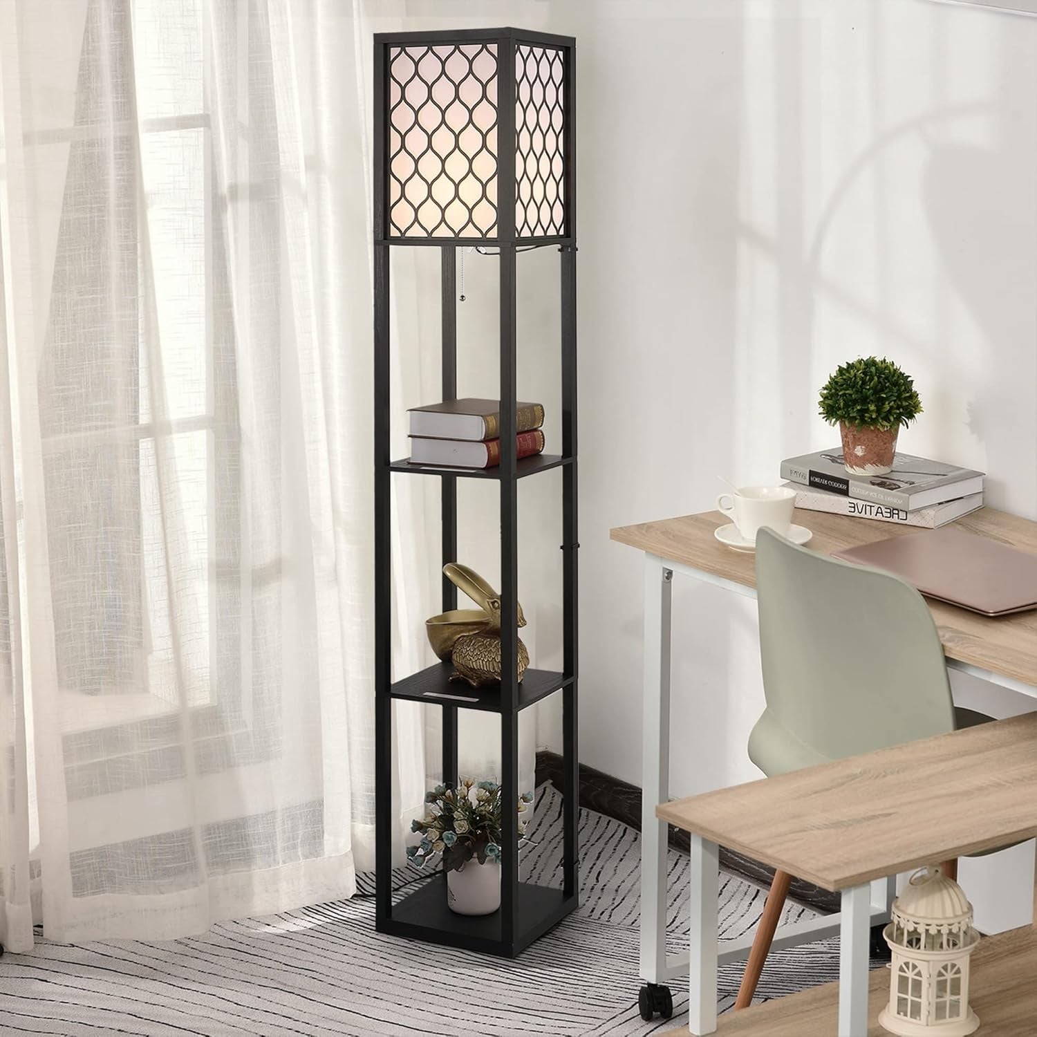 Floor Lamp with Shelves Tall Standing Light Fabric Shade Storage