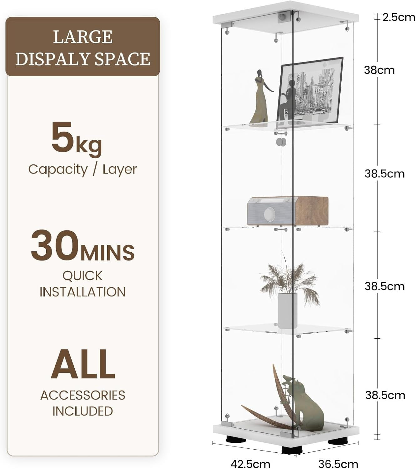 Glass Display Cabinet 64” Single Door Storage Showcase with 4 Shelves