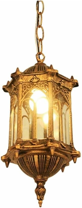 Vintage Outdoor Hanging Lantern, Antique Gold Waterproof Porch Light
