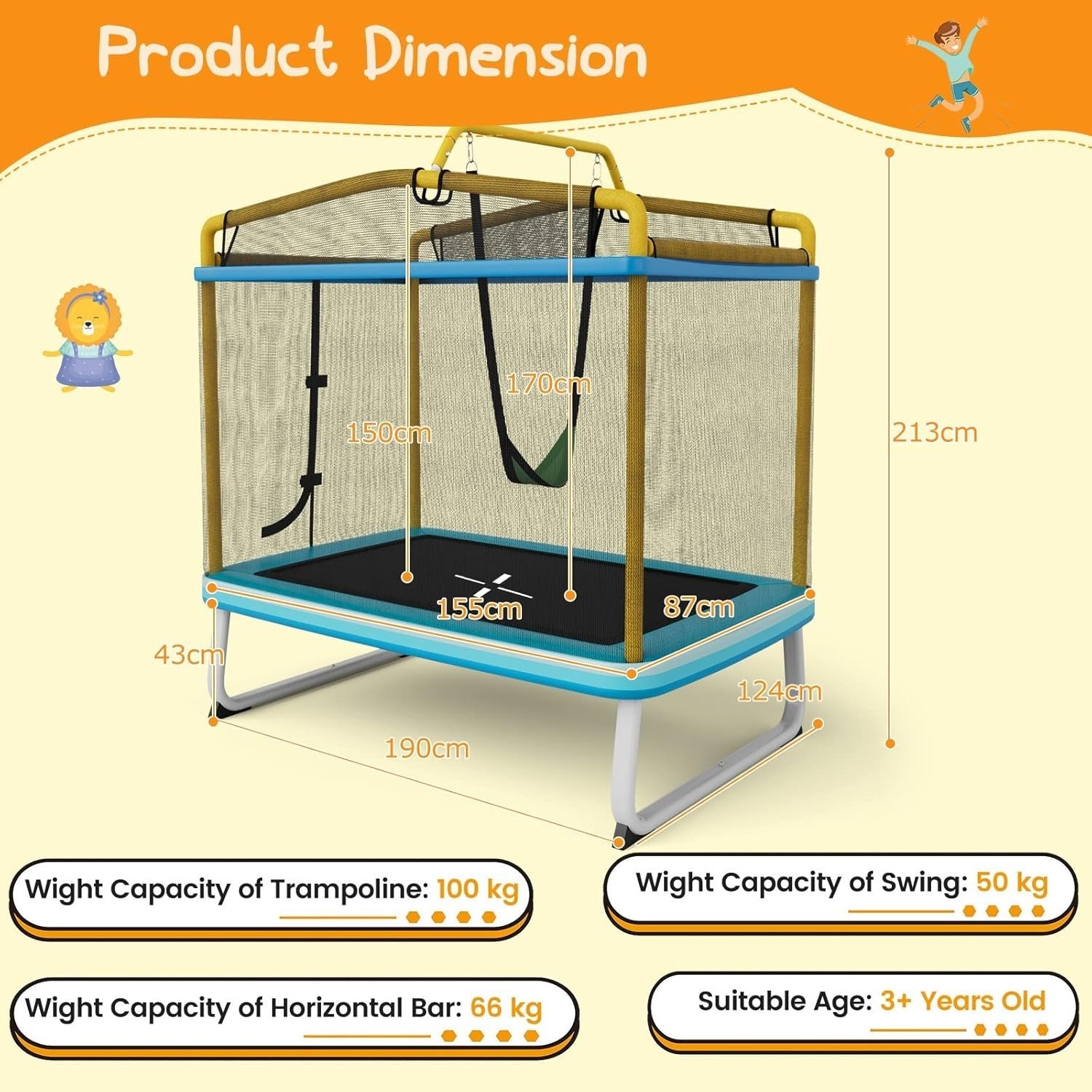 6FT Kids Trampoline 3 in 1 with Swing Bar Safety Net Indoor Outdoor