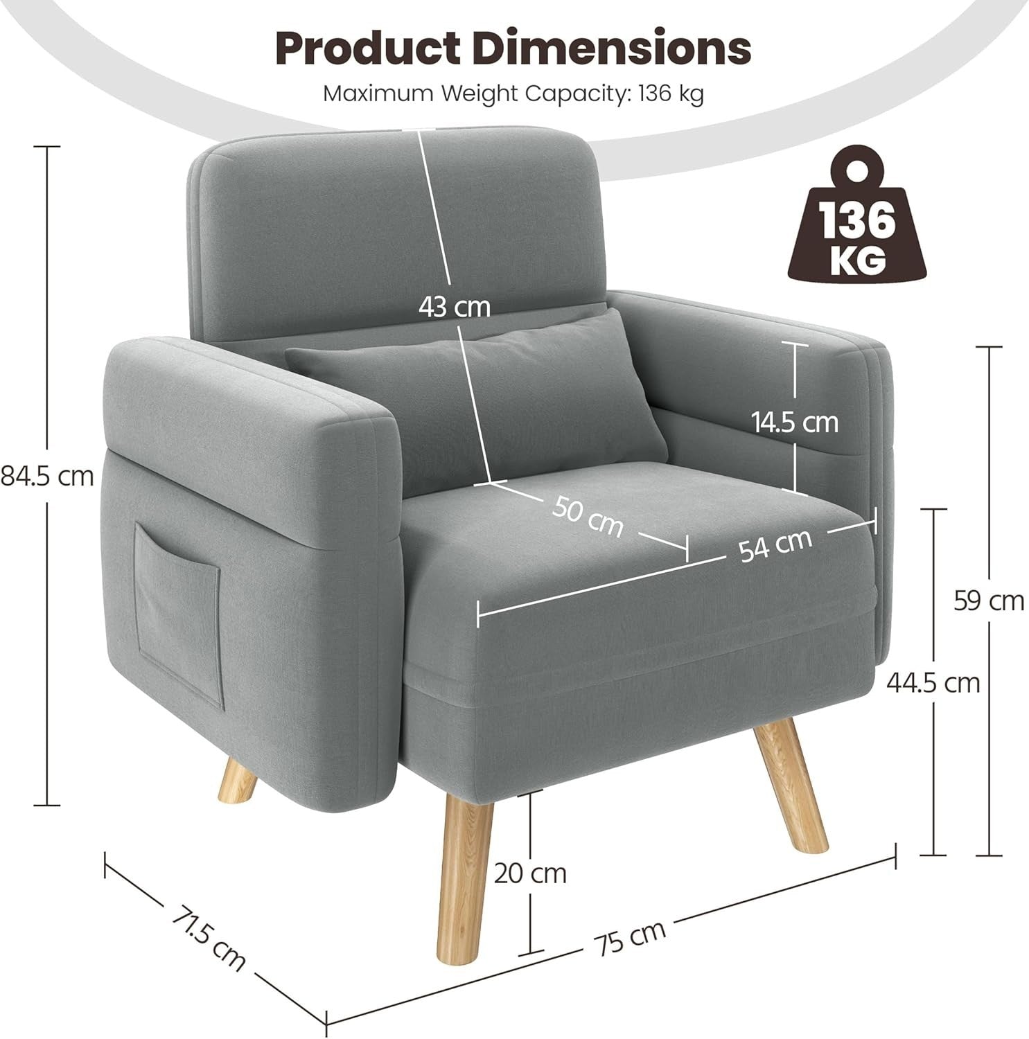 Modern Small Grey Fabric Armchair with Storage Pockets & Lumbar Support