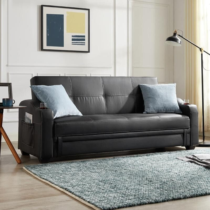 Black Faux Leather Sofa Bed w/ Storage Cup Holders Recliner Sleeper