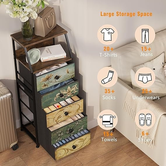 Rustic 5-Drawer Slim Chest Unit with Open Shelf, Space-Saving Bedroom Storage
