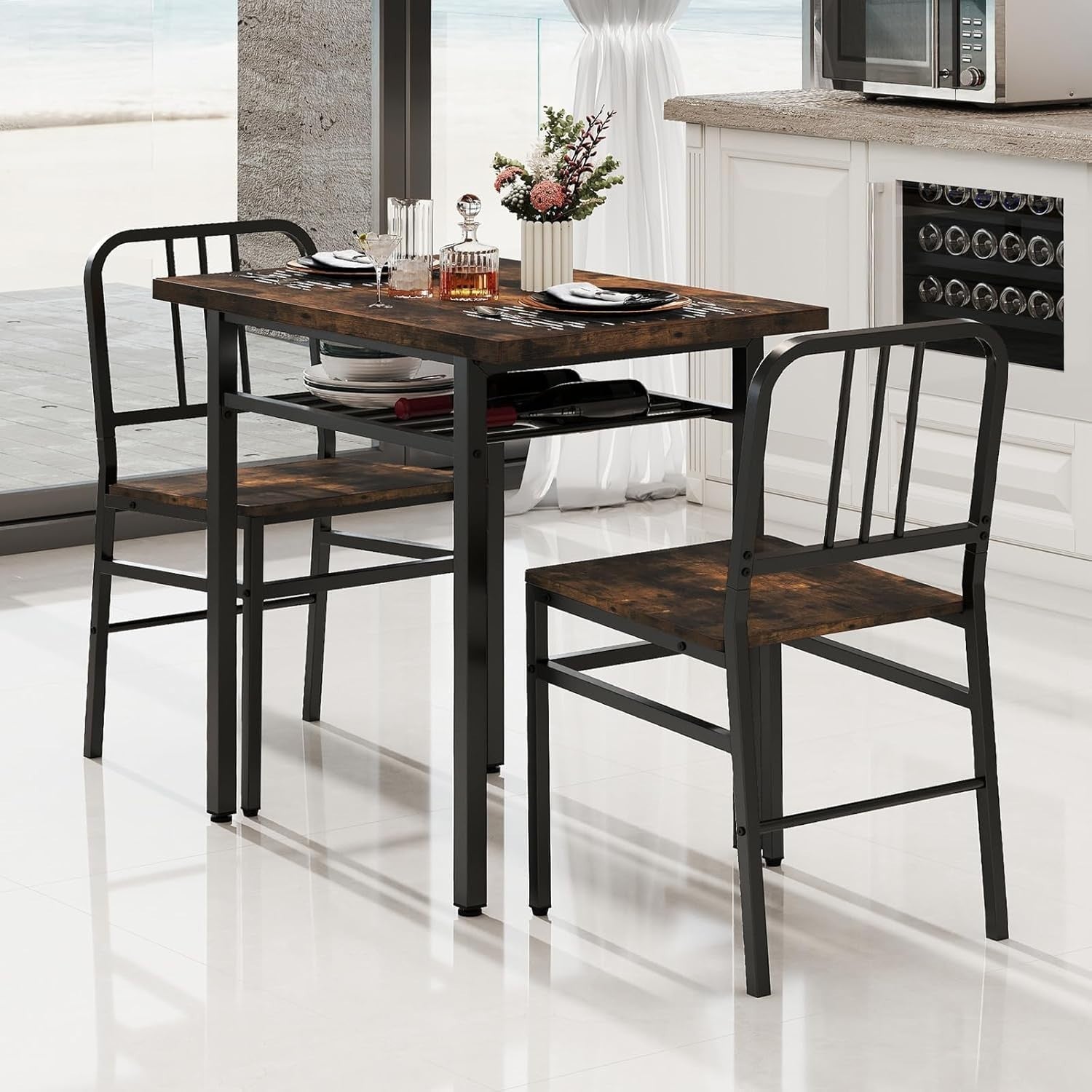 Rectangular 3-Piece Kitchen Dining Set with Storage Rack & Metal Frame Chairs