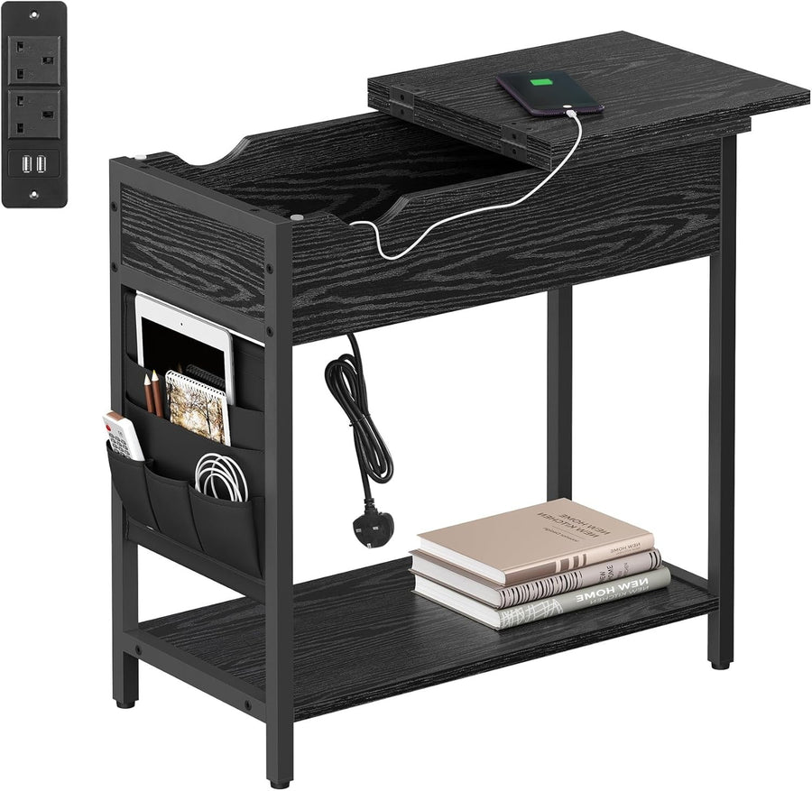 Slim Side Table with USB Charging Ports, Storage & Power Strip, Black
