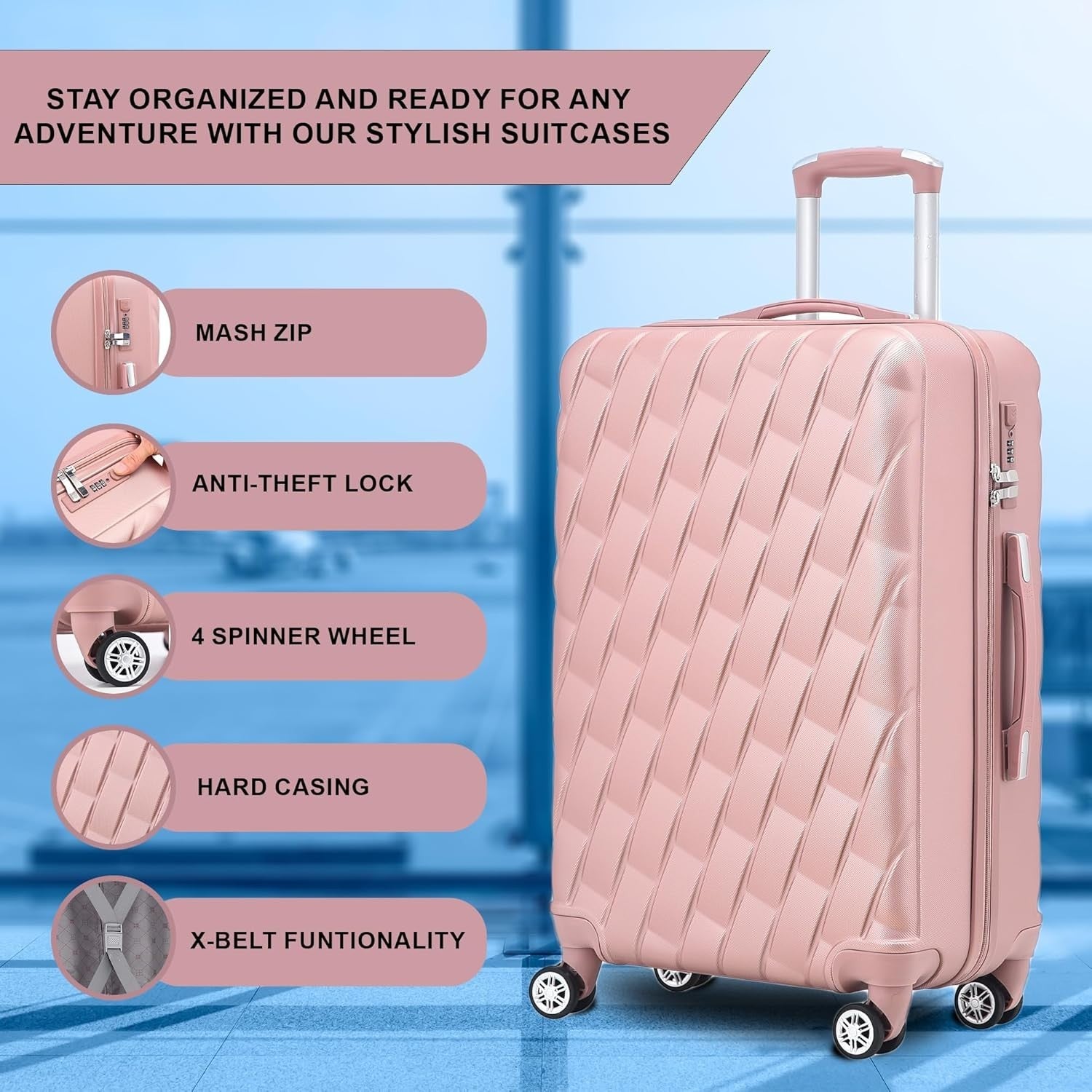 20 Inch Cabin Carry On Hard Shell Suitcase 4 Spinner Wheels Lock Rose Gold