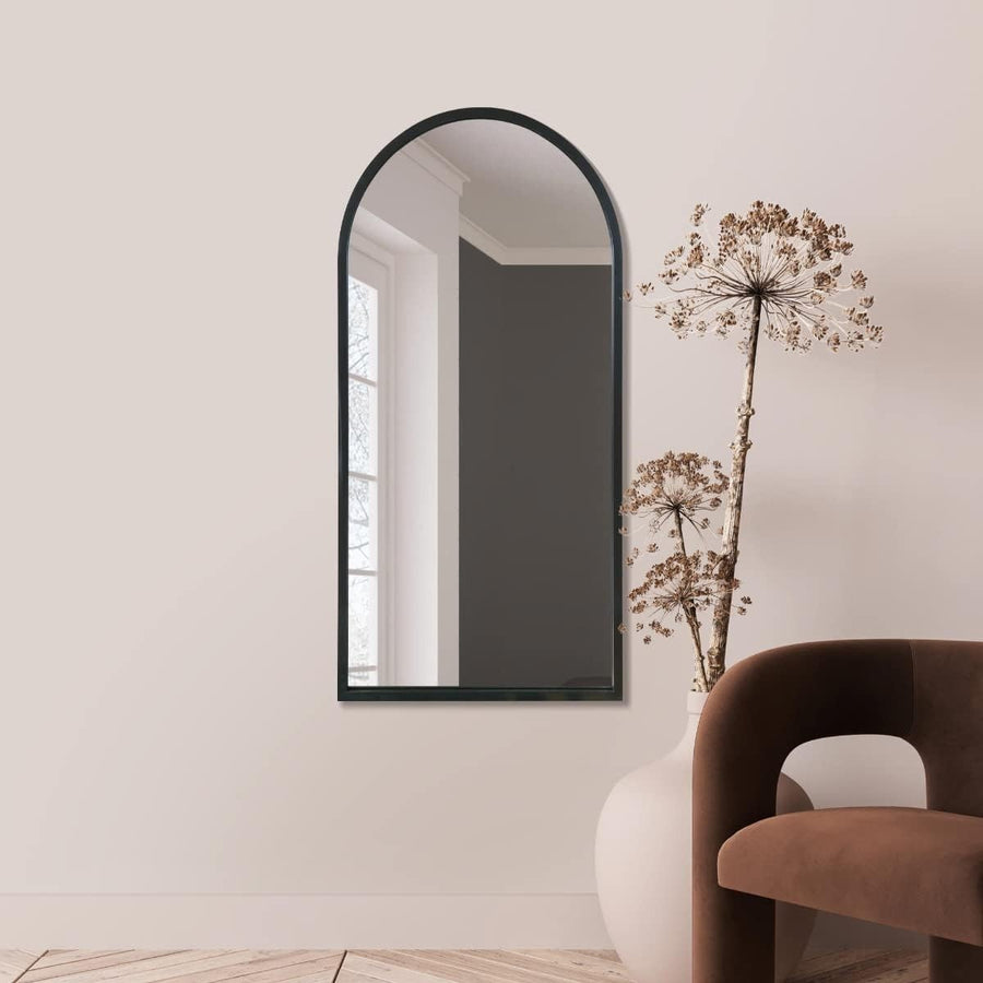 Modern Black Metal Framed Arched Wall Mirror 120x60cm Stylish