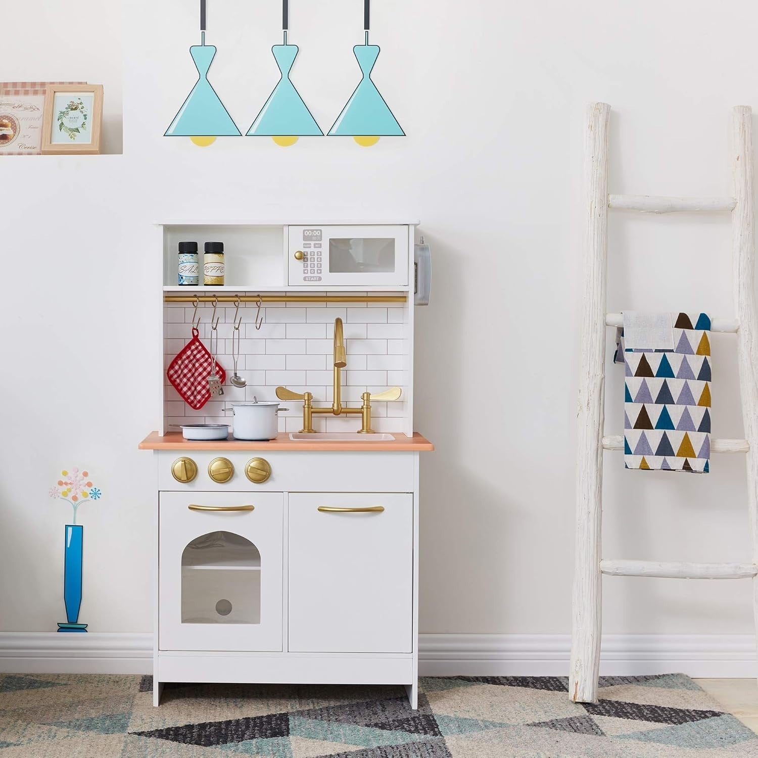 Wooden Kids Play Kitchen Farmhouse Sink Oven Microwave White Gold