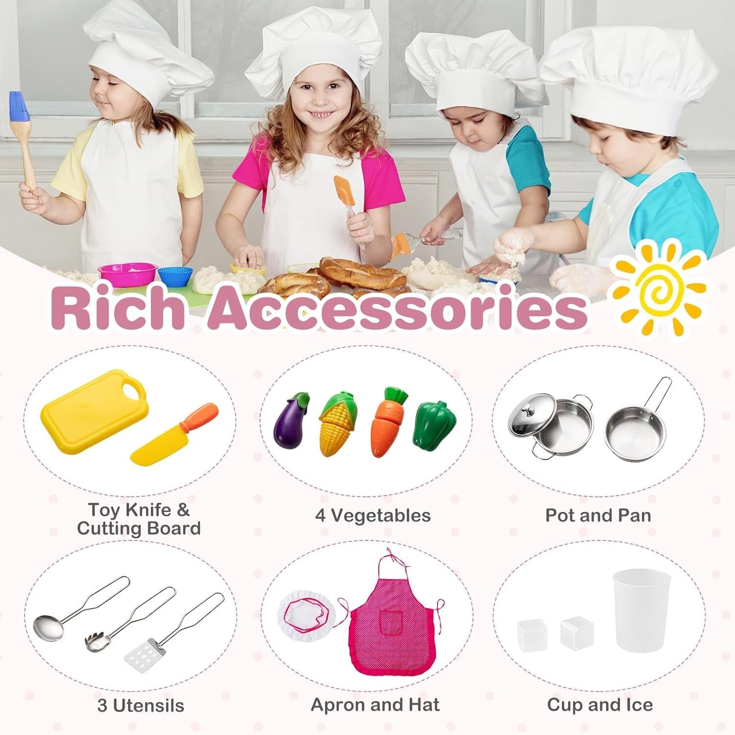 Pink Kids Play Kitchen Lights Sounds Ice Maker Chef Toy Set