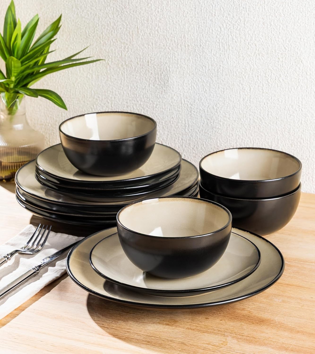 12 Piece Stoneware Dinner Plates Bowls Scratch Resistant Dishwasher Safe