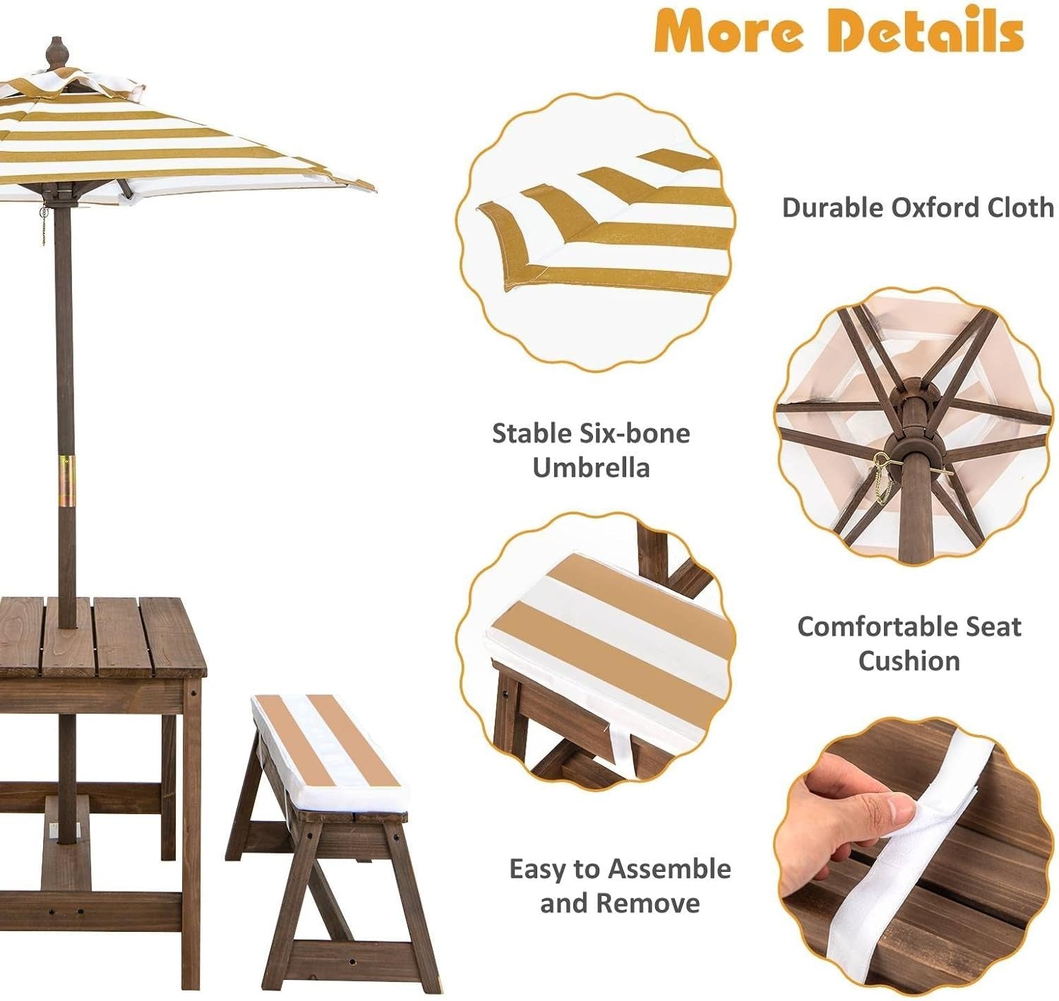 Kids Wooden Picnic Table Bench Set w/ Umbrella & Cushions Outdoor Indoor