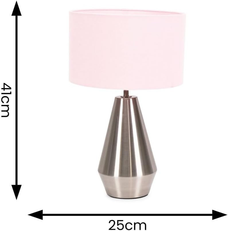 Silver Touch Dimmer Table Lamp Pink Drum Shade Bedside LED Light