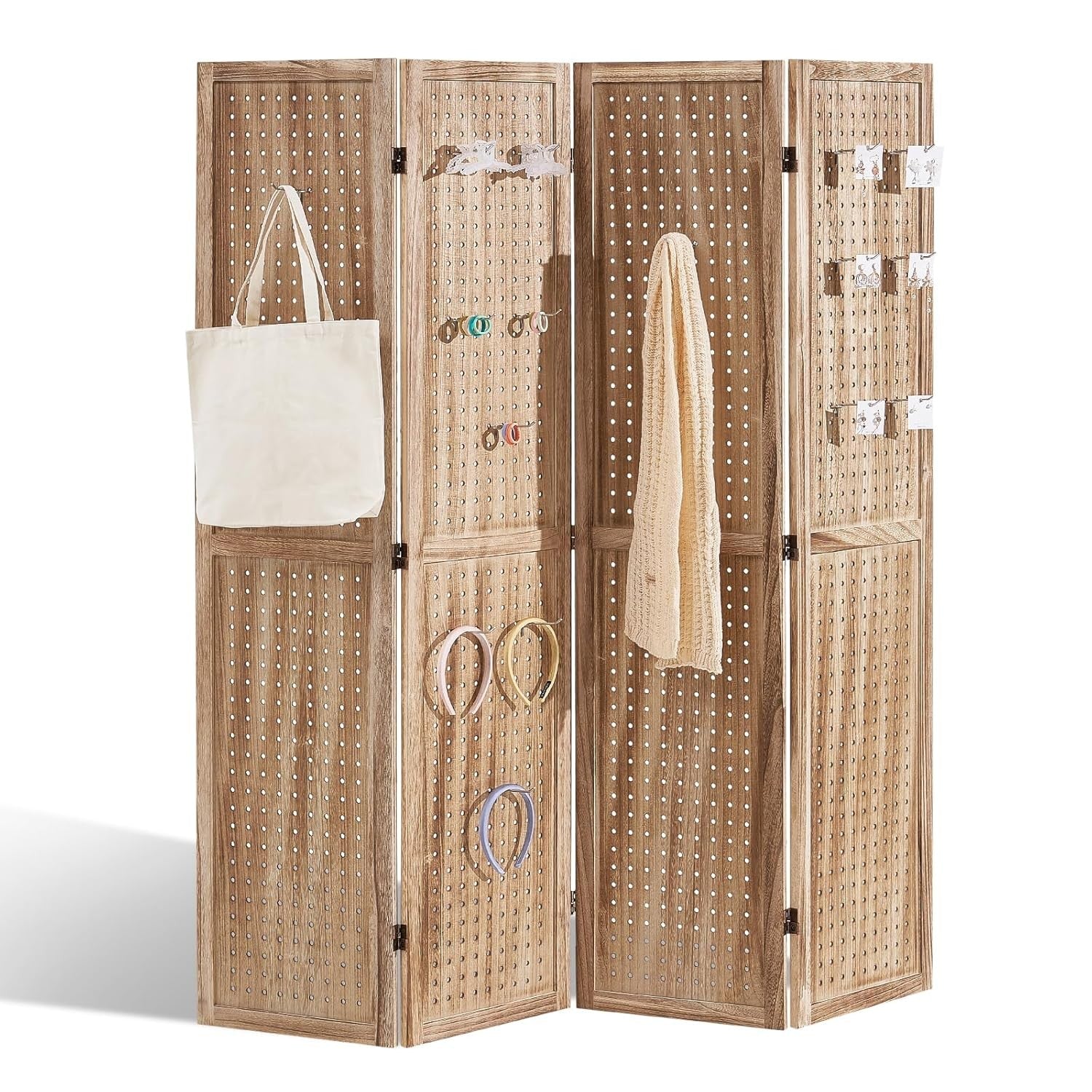 4 Panel Wooden Folding Room Divider Carved Privacy Screen 162x170cm Natural