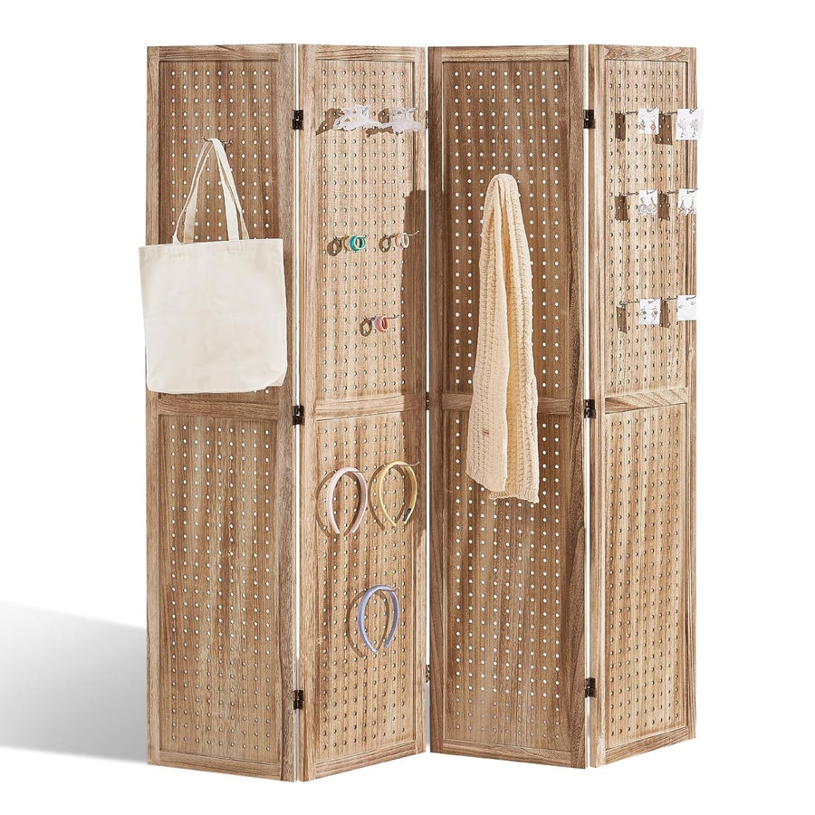4 Panel Wooden Folding Room Divider Carved Privacy Screen 162x170cm Natural