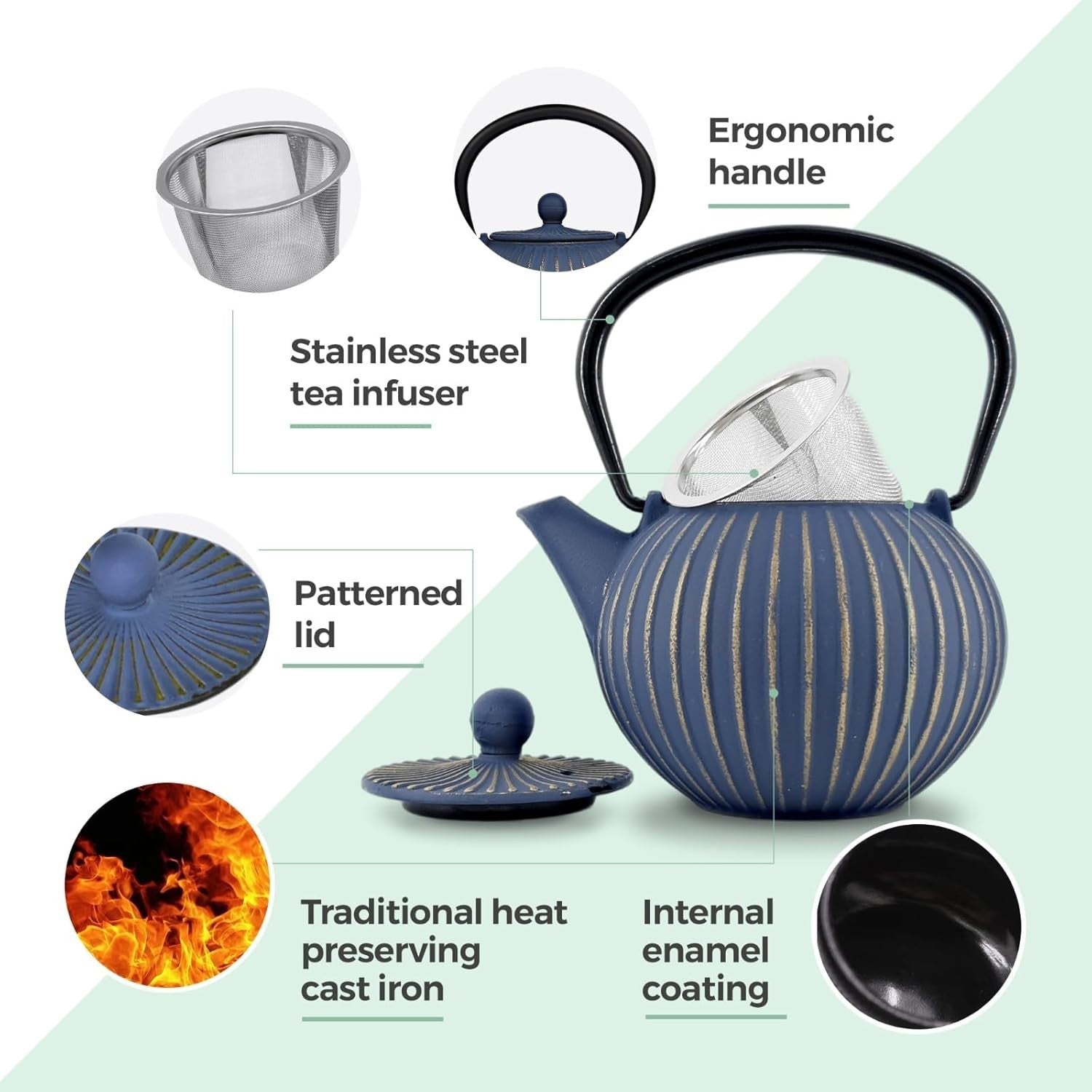 Cast Iron Teapot 500ml Tea Pot w/ Infuser Blue Gold Tetsubin Style