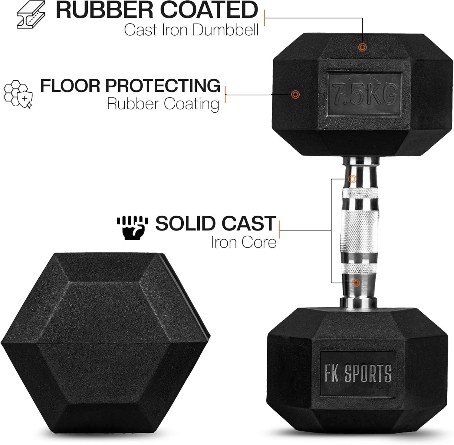7.5KG Hex Dumbbells Pair Anti-Roll Non-Slip Cast Iron Home Gym