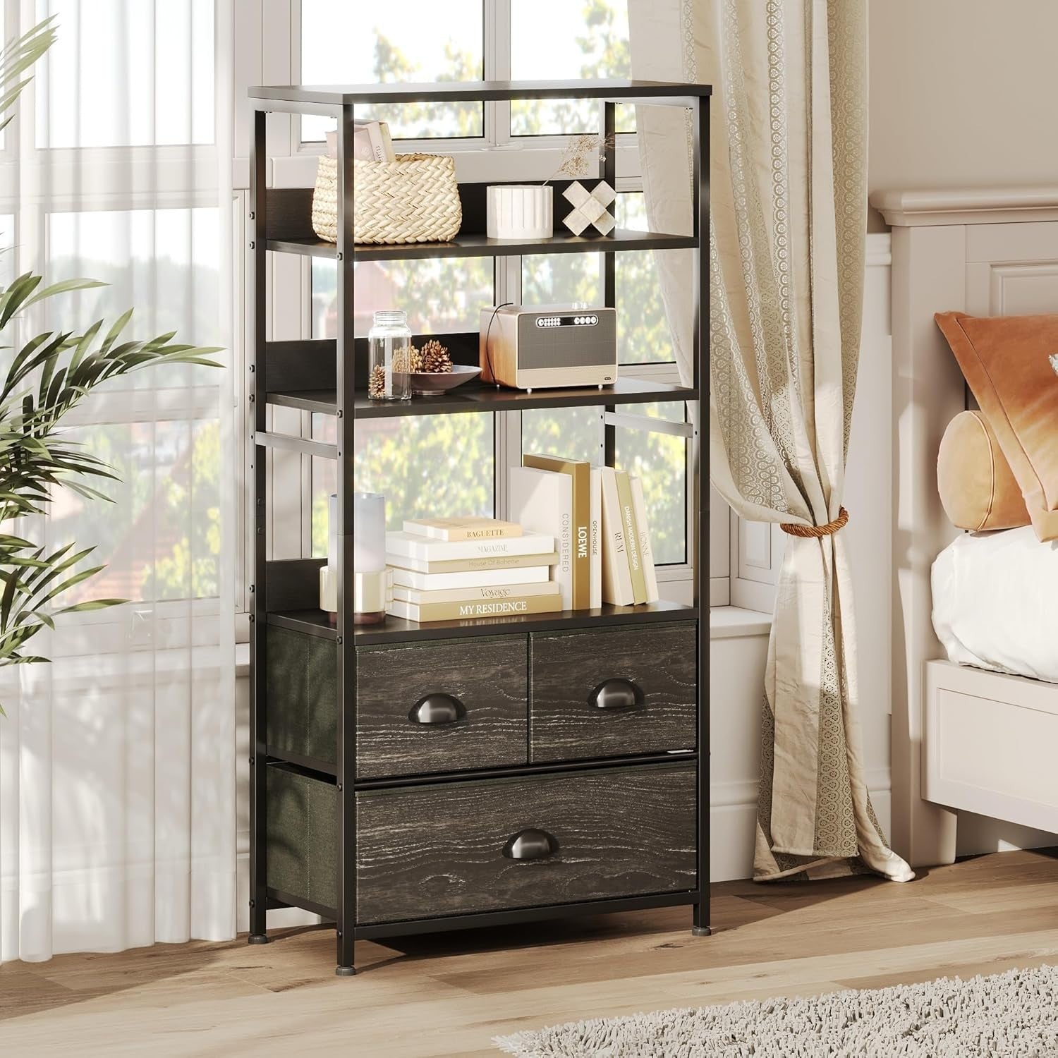 4 Tier Rustic Bookshelf with 3 Drawers Industrial Storage Cabinet Shelves Black