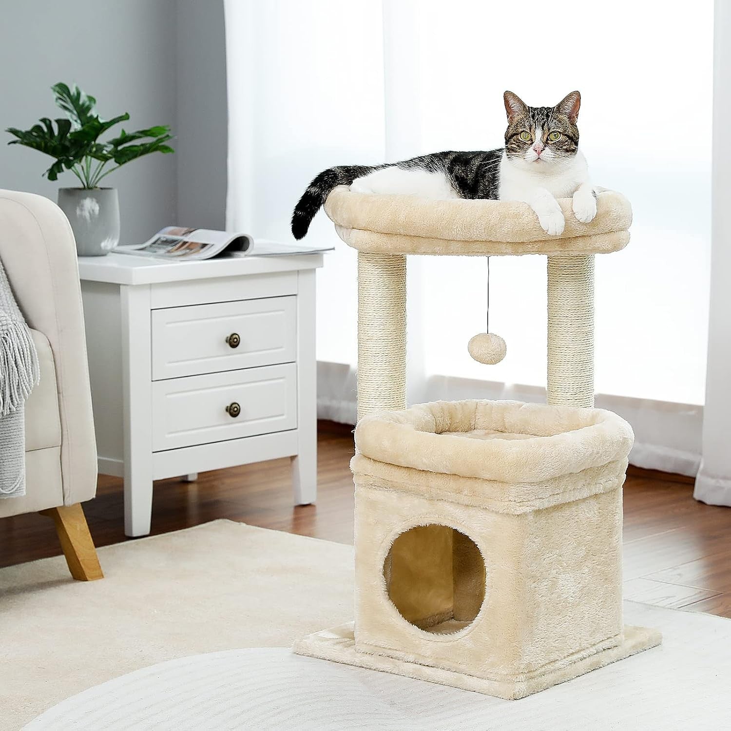 Small Cat Tree Tower with Condo Top Perch Sisal Scratching Post Beige