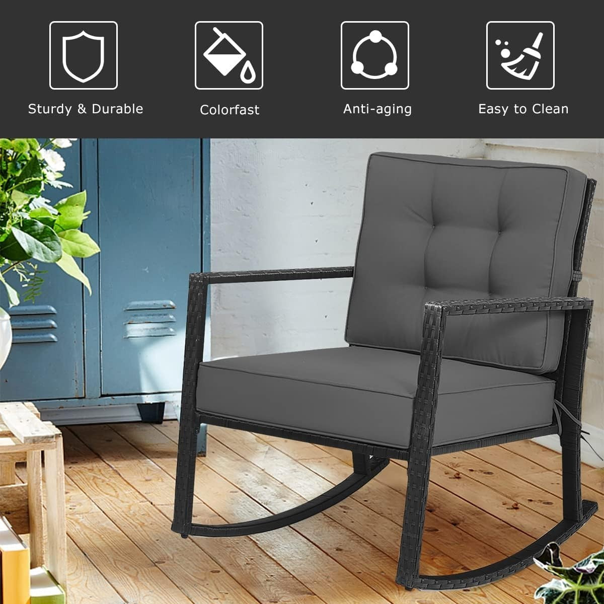 Grey Rattan Garden Rocking Chair with Cushions & Armrests Outdoor Seat