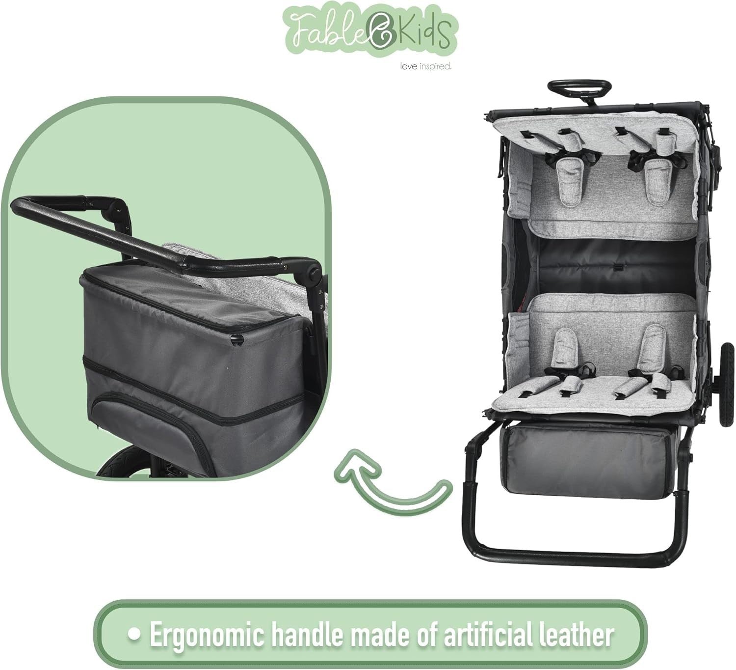 Foldable Kids Wagon with Roof 4-Seat 5-Point Belts Off-Road Wheels Grey
