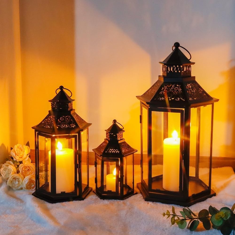 3-Pack Black Vintage Metal Candle Lanterns