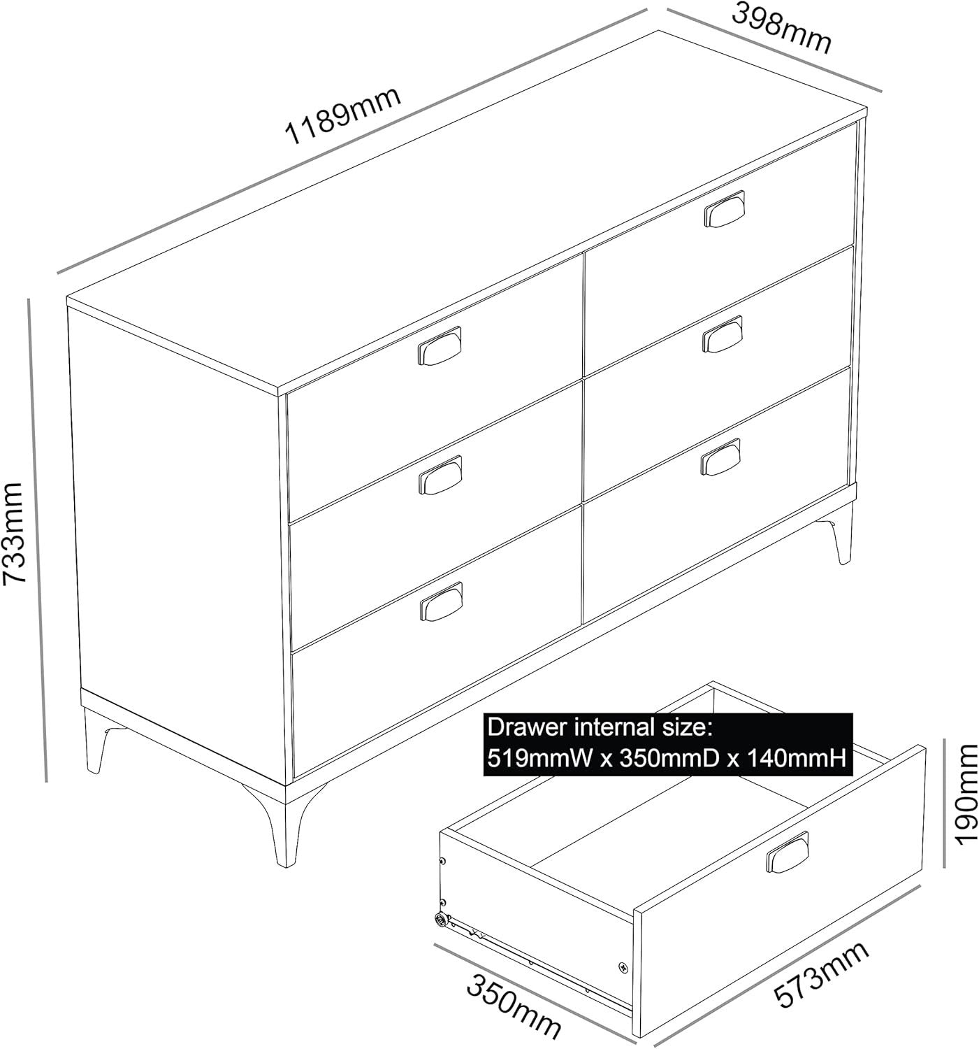 Modern 6 Drawer Chest Grey Oak Storage Cabinet Bedroom Organizer