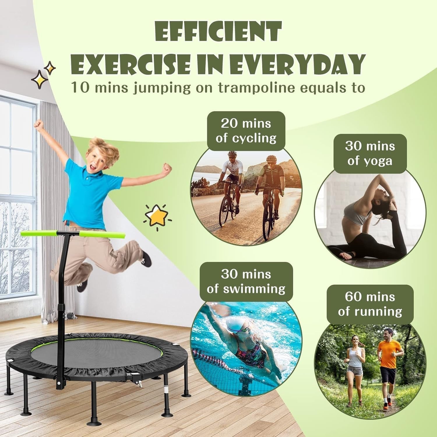 45'' Mini Trampoline with Adjustable Handle Foldable Fitness Rebounder
