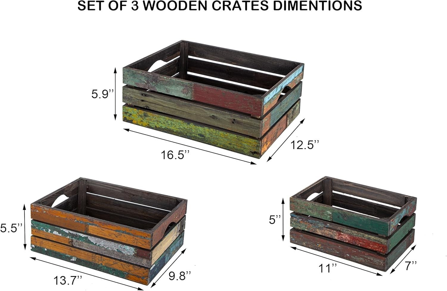 3 Pack Distressed Wooden Storage Crates Rustic Farmhouse Set