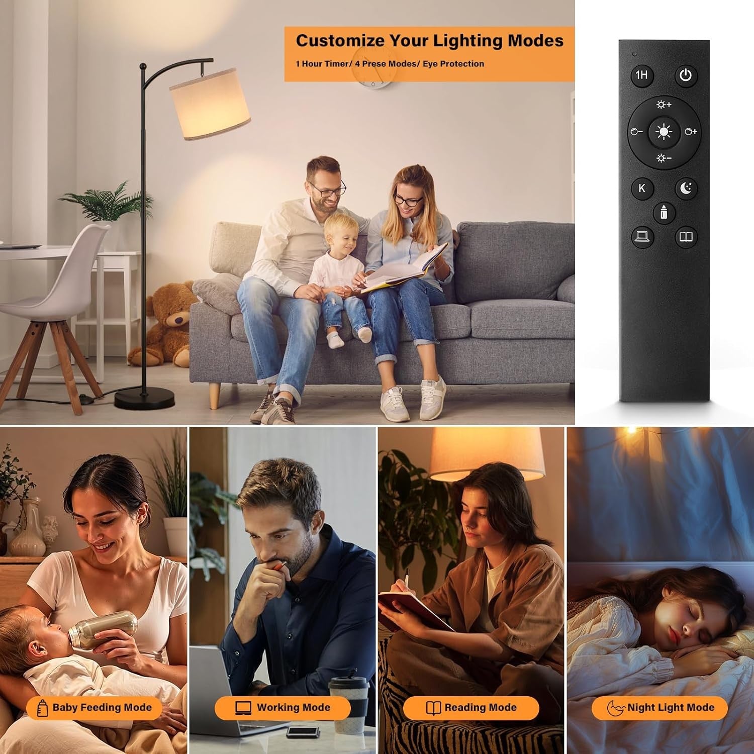 Modern Arc Floor Lamp Dimmable LED Remote Control Room Standing