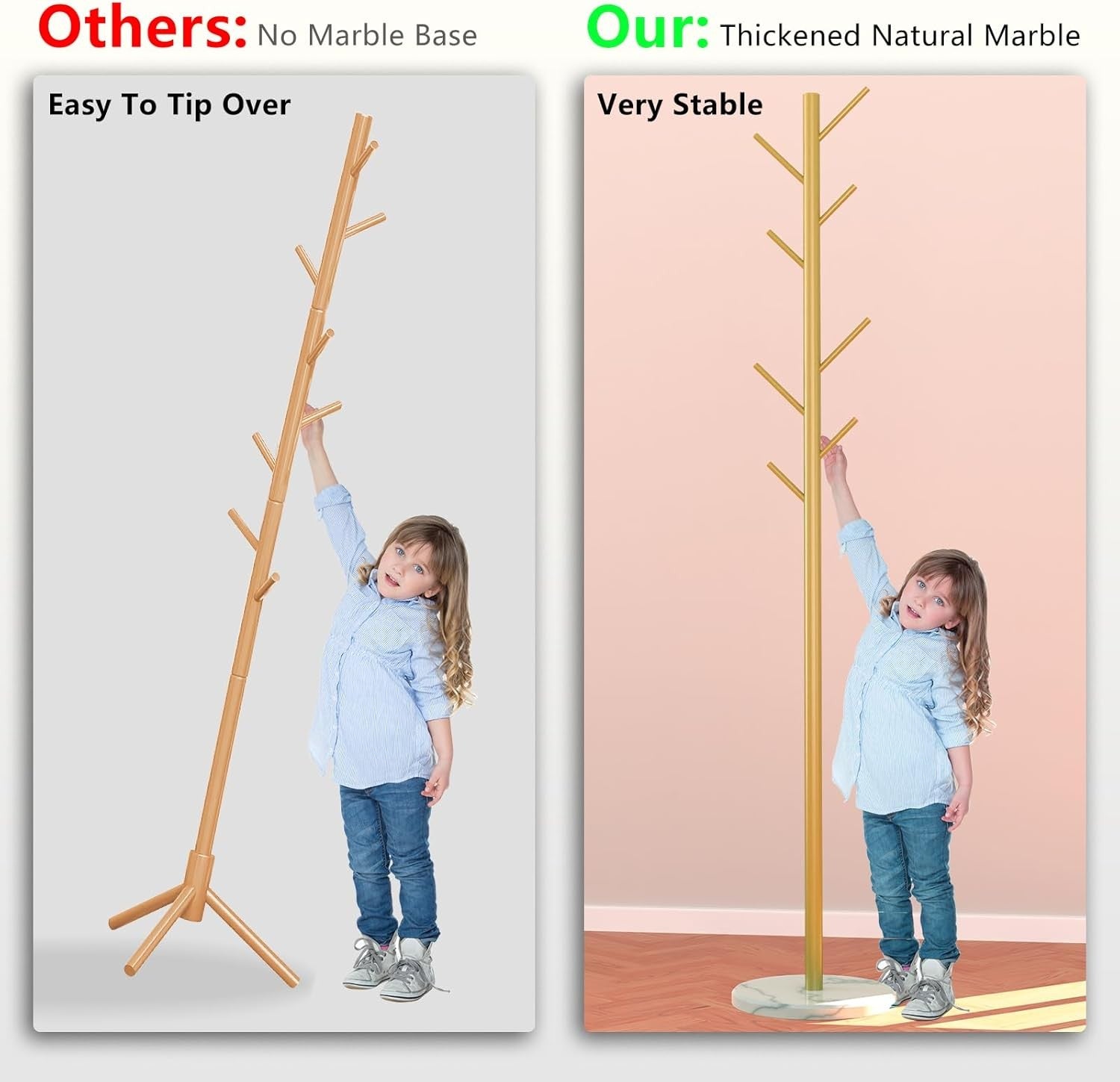 Gold Metal Coat Rack with Marble Base | 8 Hooks Freestanding Modern Hall Stand
