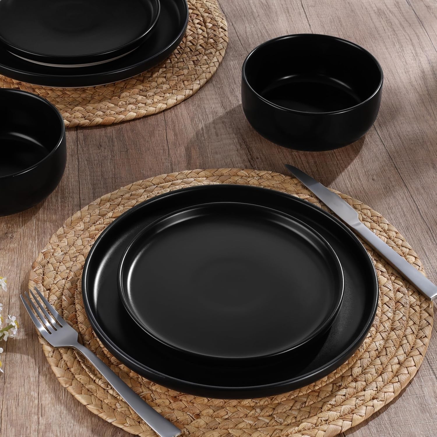 12pc Stoneware Dinnerware Set Plates Bowls Matte Black for 4