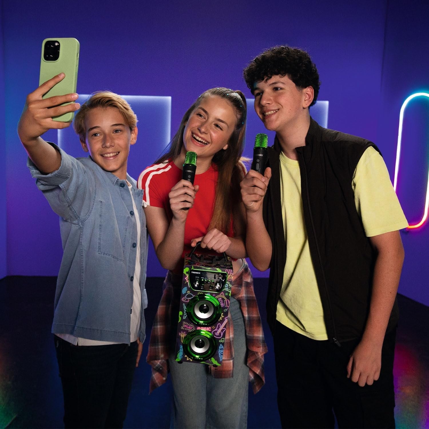 Neon Kids Karaoke Machine 2 Wireless Mics Green Bluetooth FM