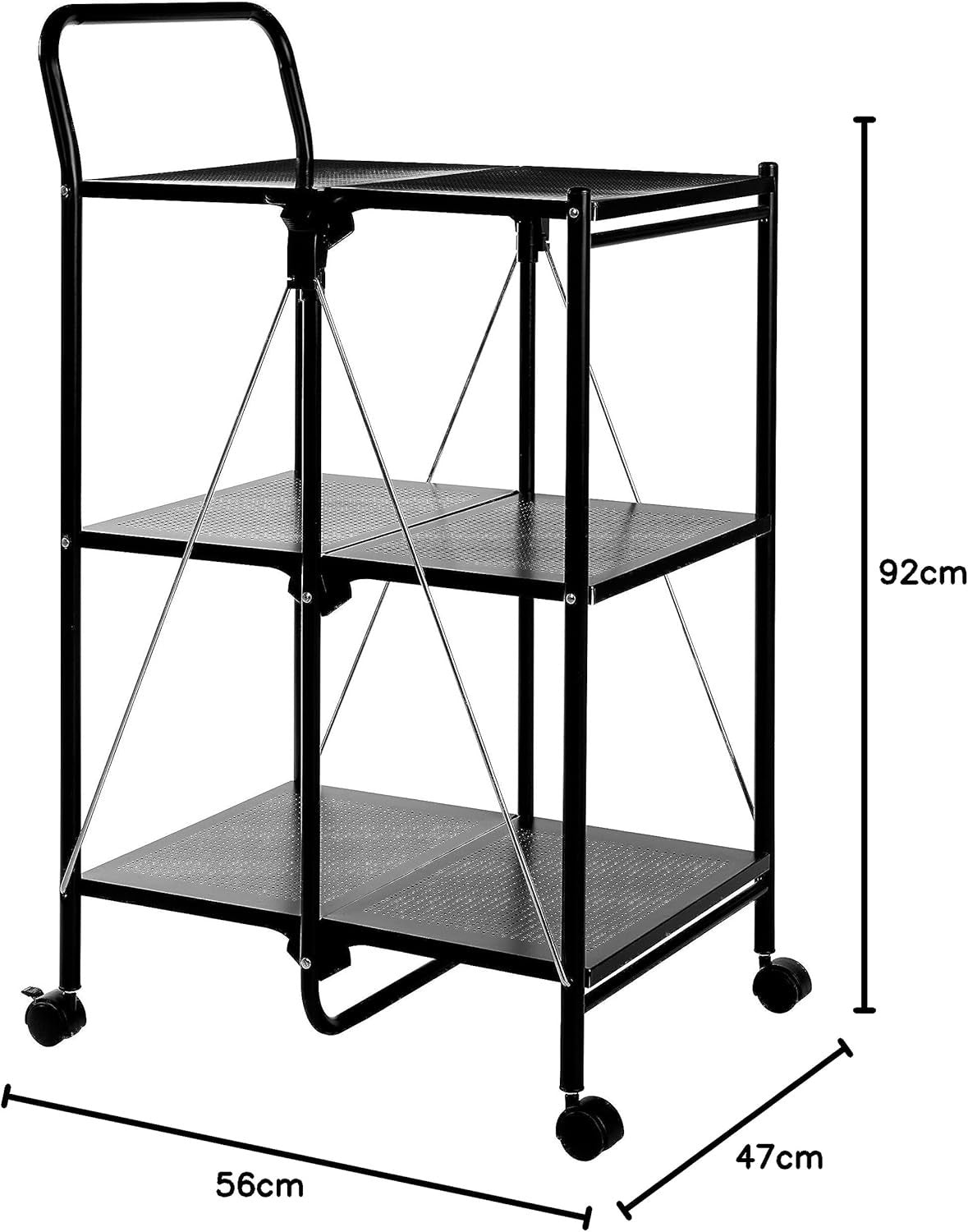 Folding Kitchen Trolley 3 Tier Rolling Storage Cart Metal Shelves Wheels