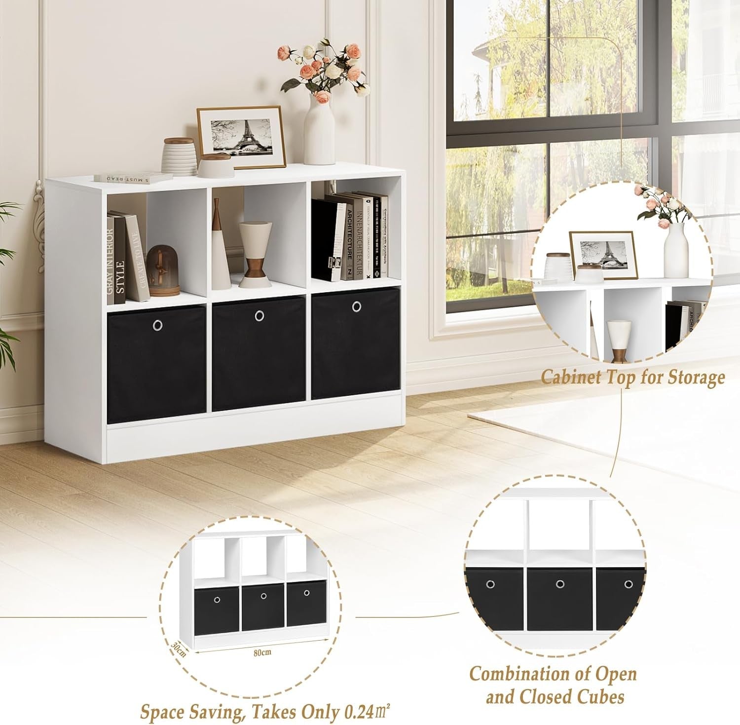 Modern 6-Cube Storage Bookcase with Fabric Drawers | Wide Display Shelf Unit