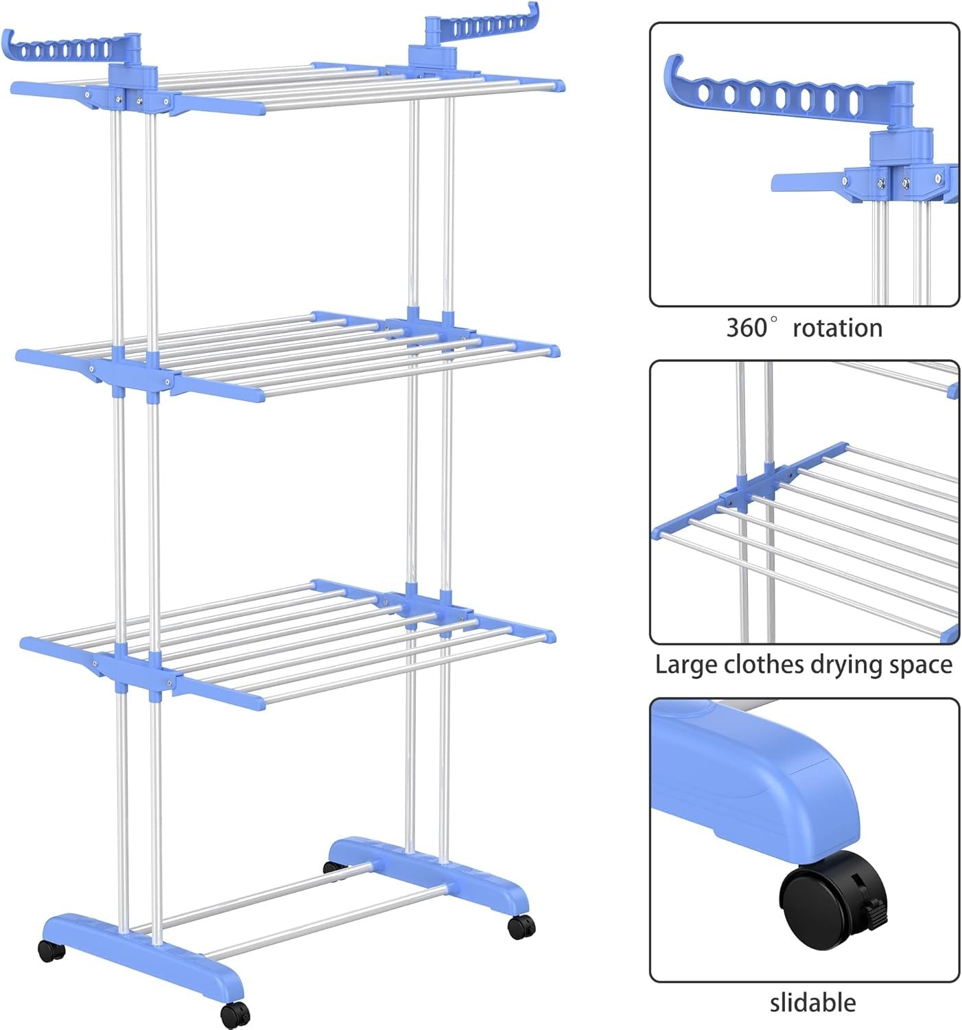4 Tier Clothes Airer Stainless Steel Foldable Drying Rack with Wheels Blue