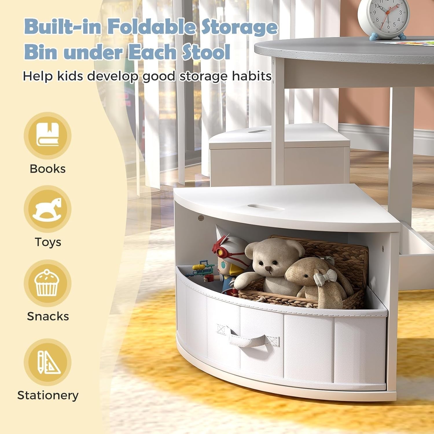 Kids Round Table & 4 Storage Stools Set with Fabric Bins for Play & Learn