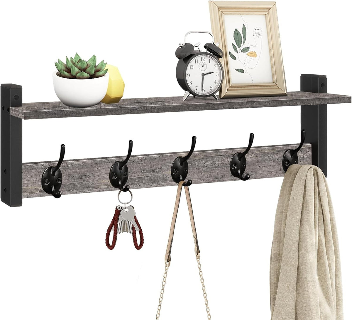 24in Rustic Grey Wall Mounted Coat Rack Shelf Entryway Hooks for Hats Bags