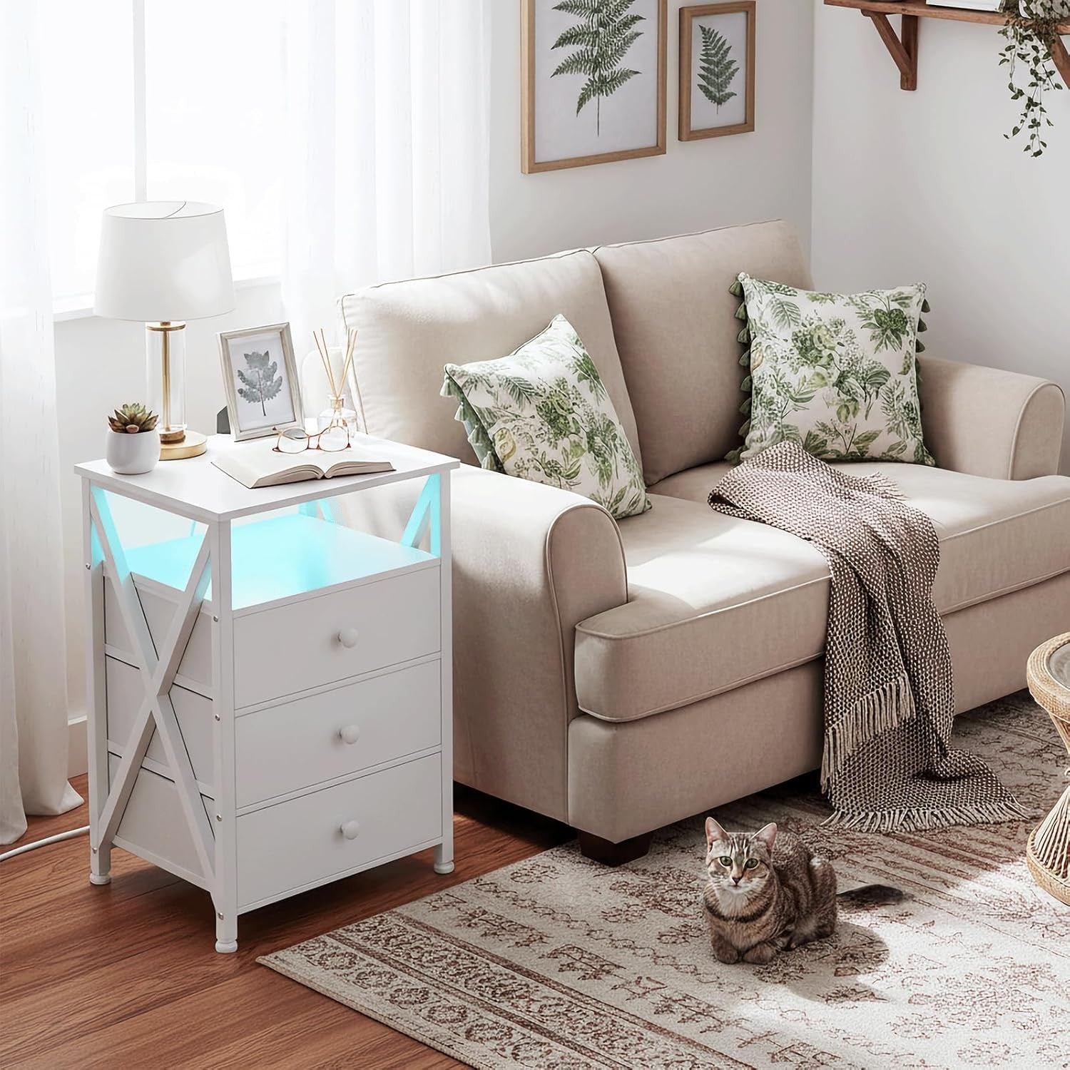 Set of 2 White LED Bedside Tables with Charging Station & 3 Fabric Drawers Moder