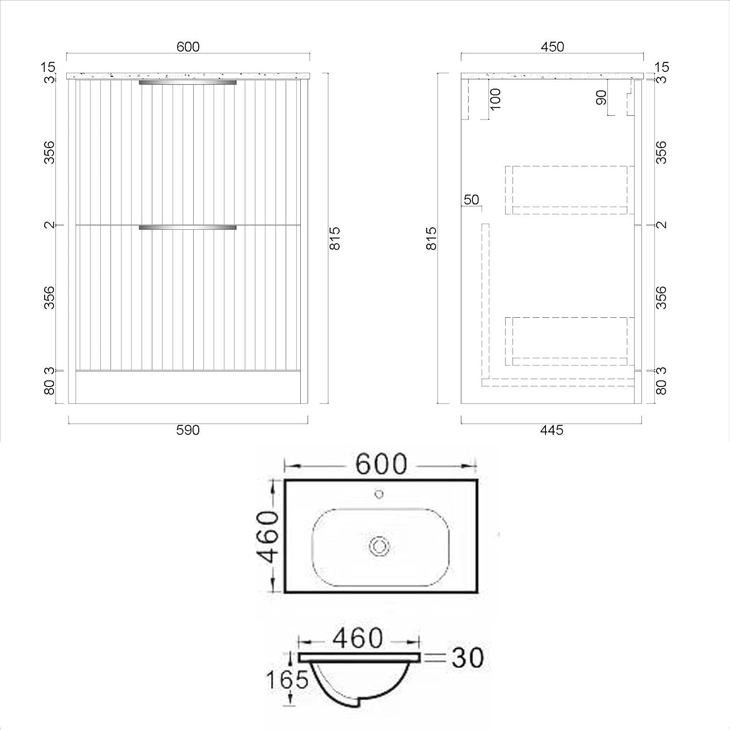 White 600mm Fluted Bathroom Vanity Unit with Basin & Brass Handles Modern