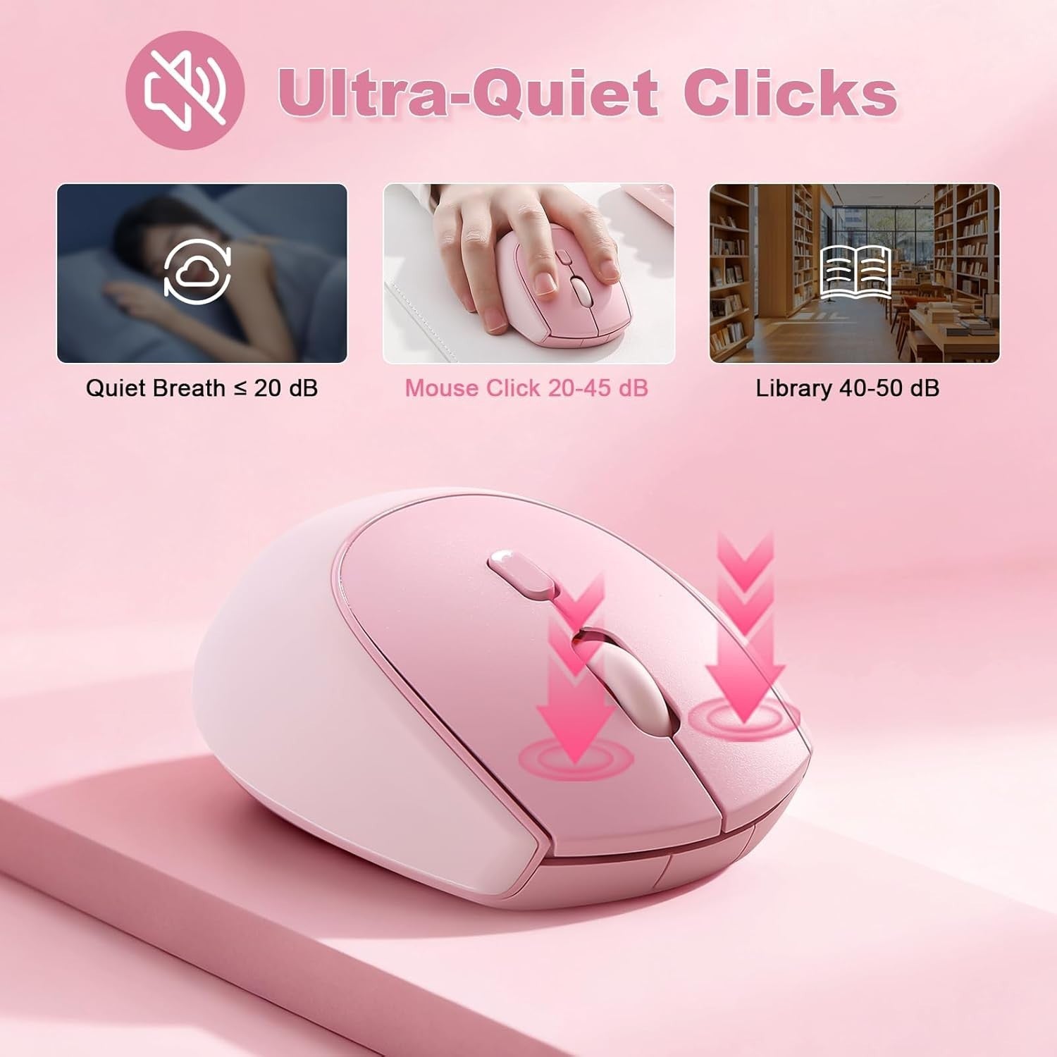 Silent Wireless Mouse 2.4GHz 1600 DPI Portable Cute Pink Laptop PC