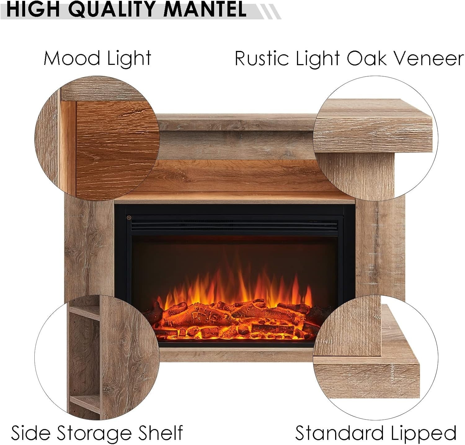 Electric Fireplace Suite 51” Heater Storage Shelves Rustic Oak Effect