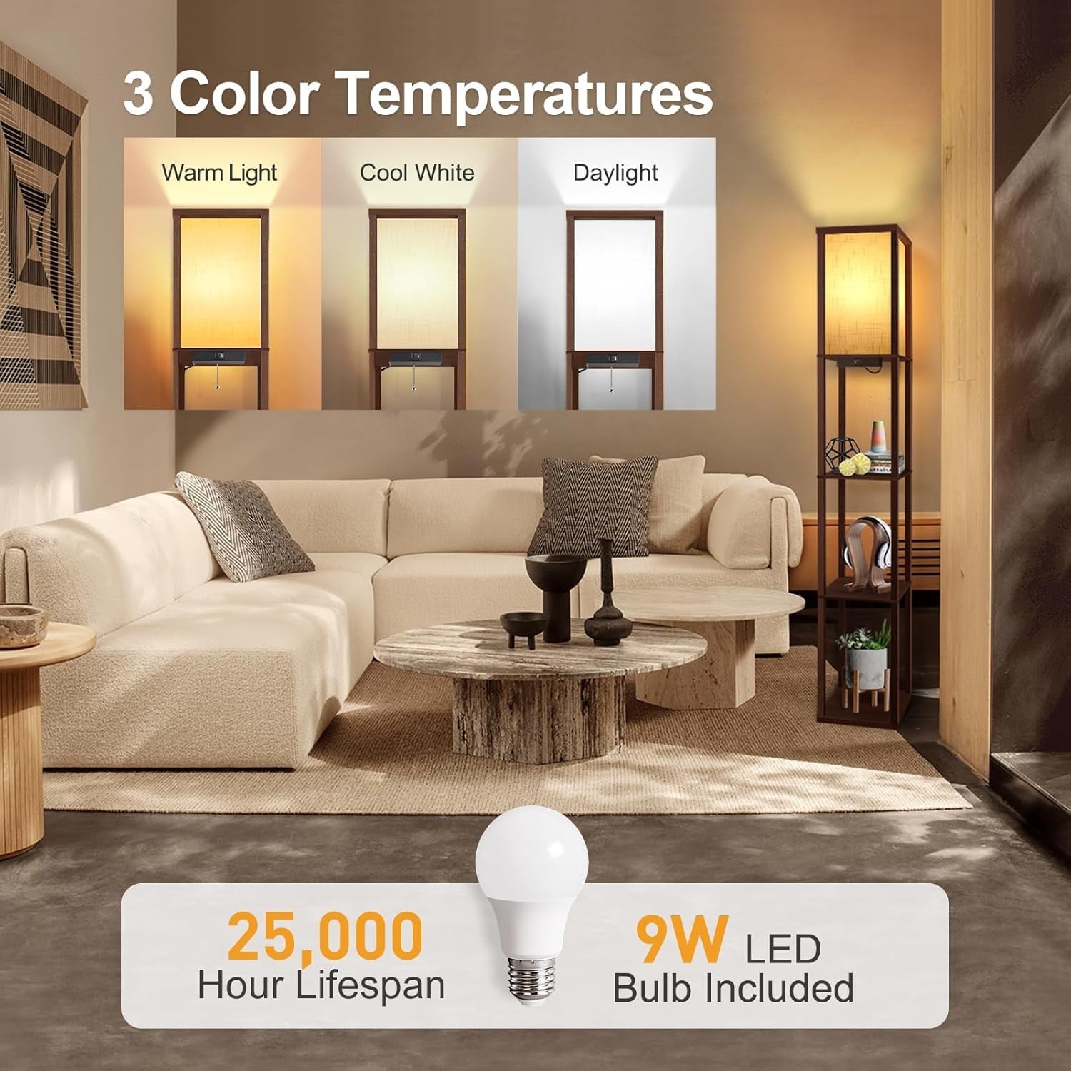 LED Shelf Floor Lamp with USB Charging Wooden Standing Light Walnut Brown