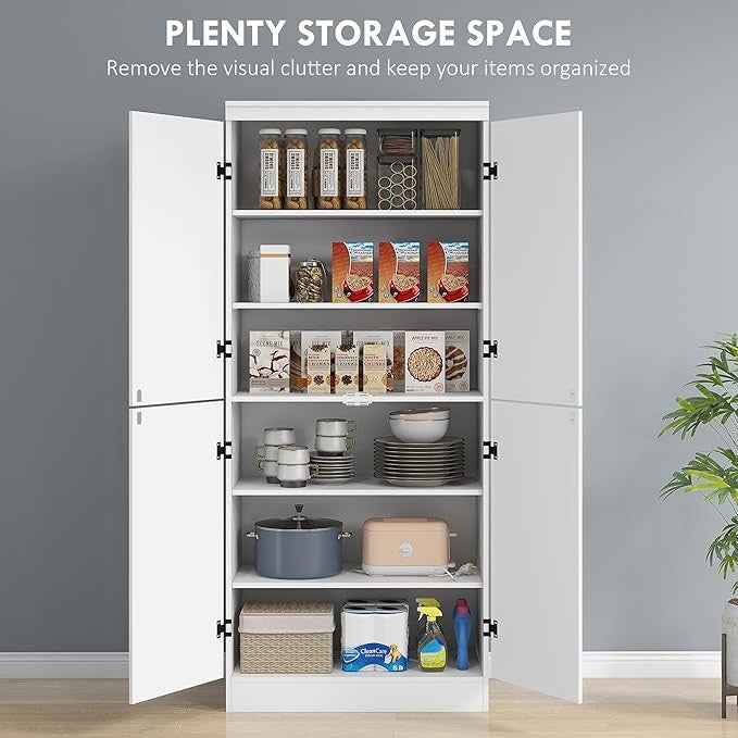 Tall White Kitchen Storage Cabinet with 4 Doors & Adjustable Shelves 176x40x60cm