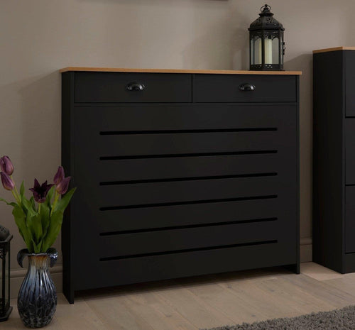 Black Radiator Cover 111.5x19x96cm Modern MDF Cabinet | Double Drawer Slatted