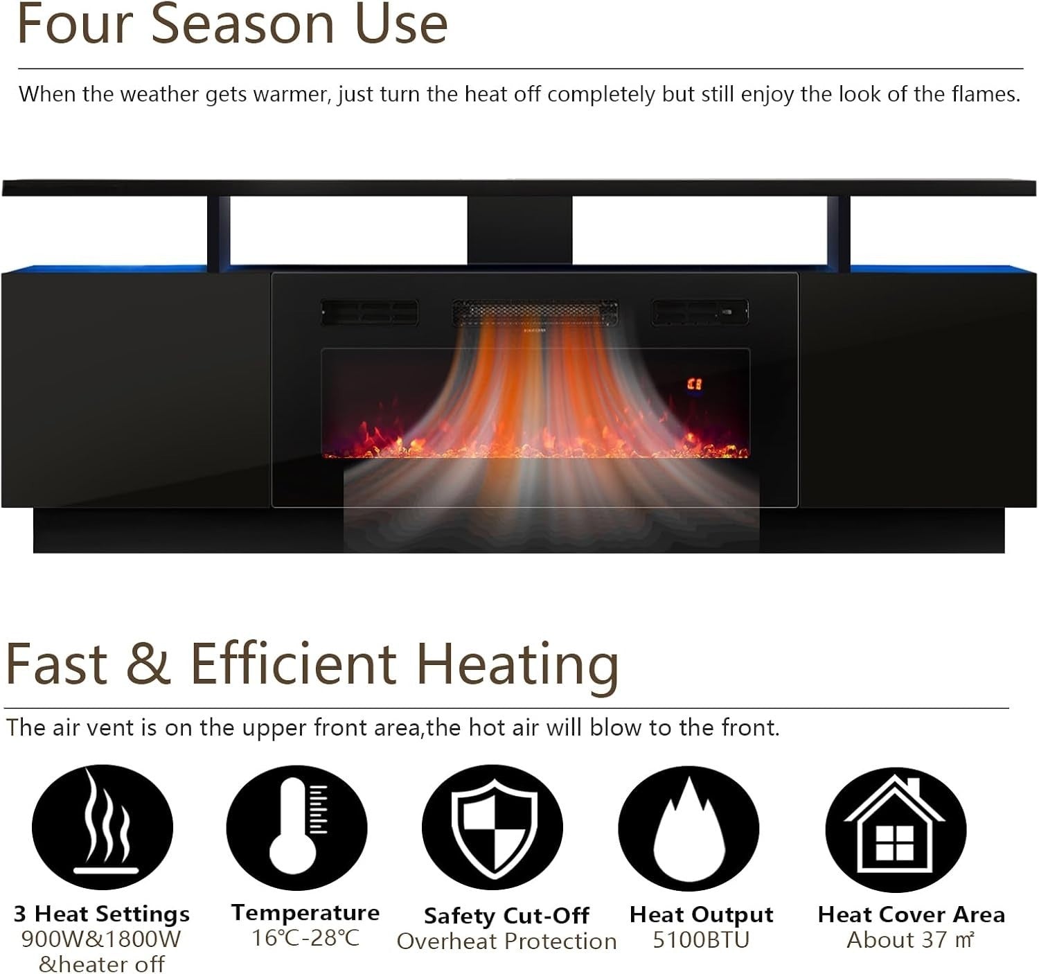 Electric Fireplace TV Stand Media Console 12 Flame Colors 900W/1800W Heater